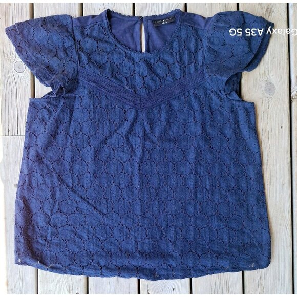 Lane Bryant Womens Navy Blue Lace Overlay Top Size 18/20 100% Cotton Knit Keyhol - Picture 1 of 9